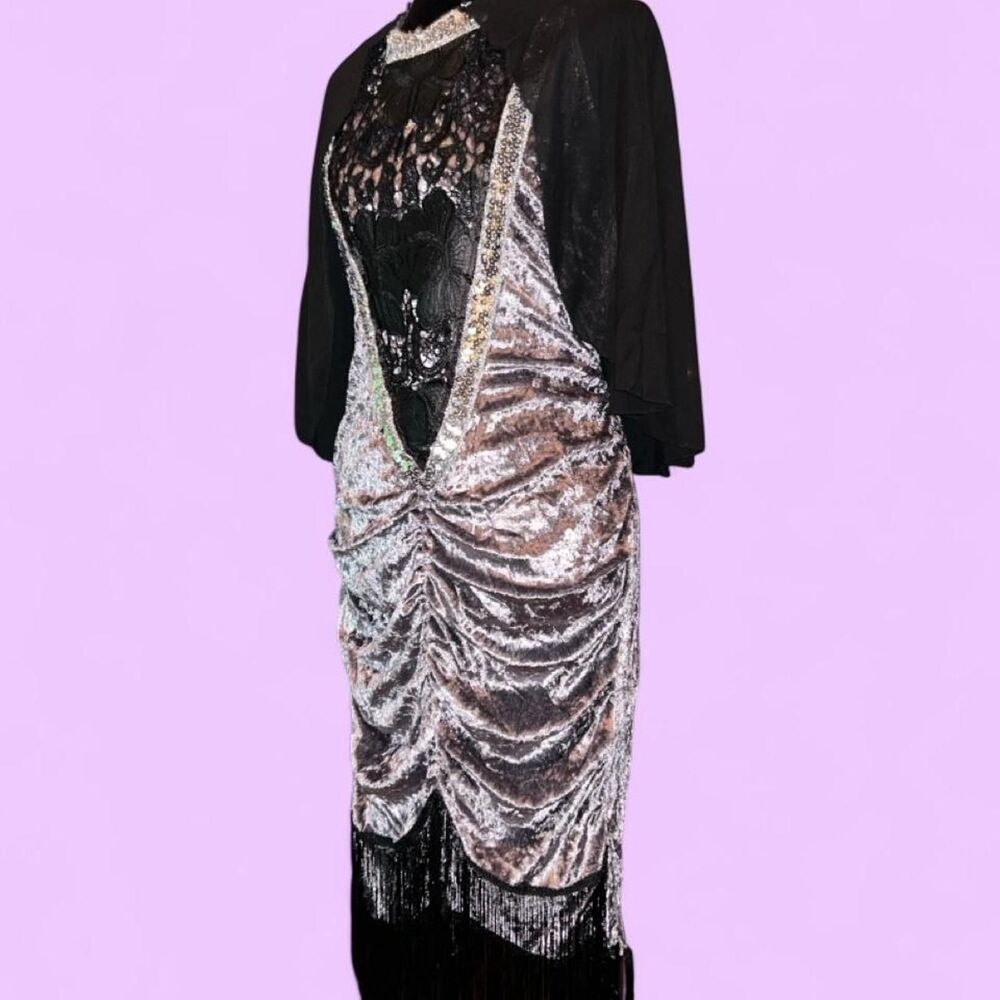Metallic Silver Ruched Velvet-Look Maxi Dress Black Lace & Sequins